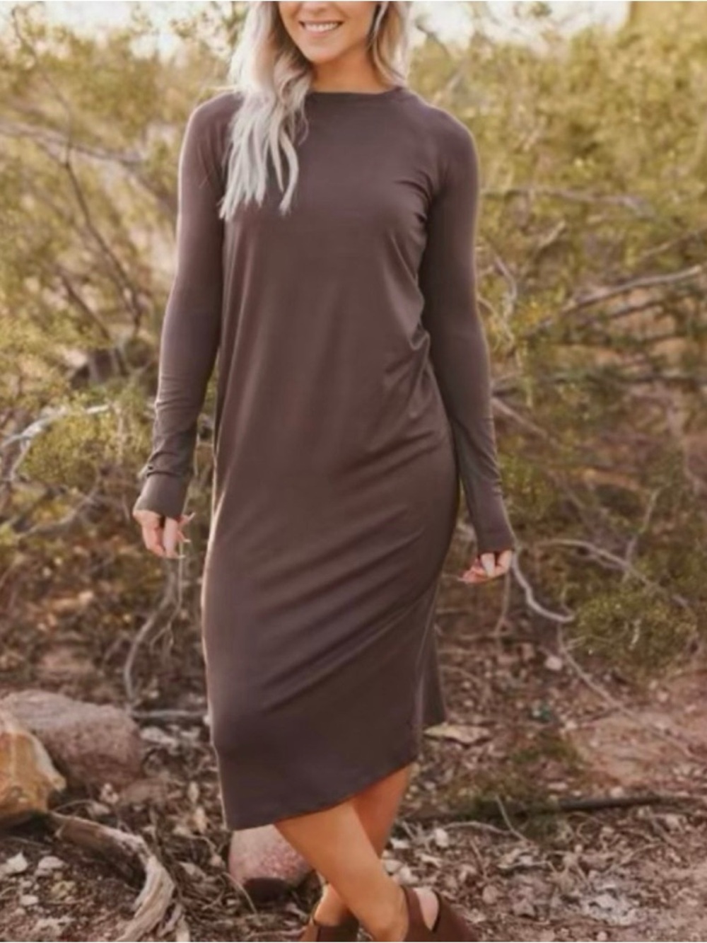 Mocha crewneck midi dress